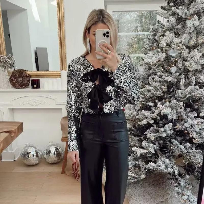 Dámská lesklá flitrová zkrácená bunda s mašlí, kulatým výstřihem a dlouhým rukávem, jednobarevná, slim fit, ležérní kabát, jarní podzimní dámský party top