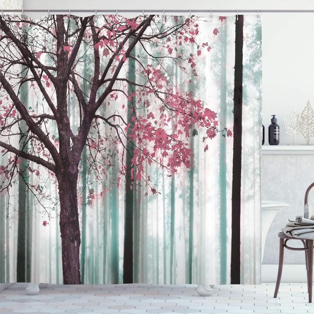 Autumn Shower Curtain,Fall Season Theme Forest Tree Leaves on An Abstract Woodland Background Bathroom Curtains with Hooks