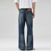 LKTM Unisex American Retro Dark Blue Micro-Flare Jeans, Whiskered Washed Long Pants