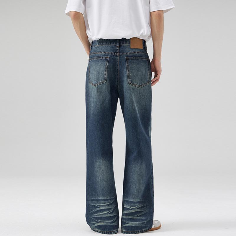 LKTM Unisex American Retro Dark Blue Micro-Flare Jeans, Whiskered Washed Long Pants