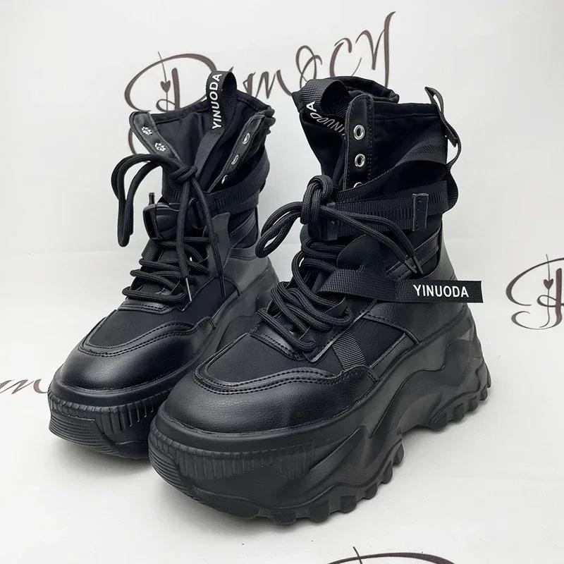 White Chunky Platform Motorcycle Boots Women Buckle Lace Up Thick Bottom Ankle Boots Woman 2025 Autumn Fashion Vulcanized Shoes