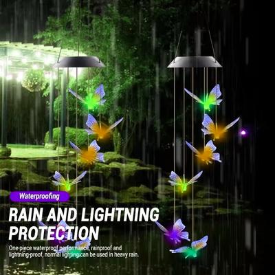 أجراس رياح ملونة بأضواء شمسية LED على شكل طائر الطنان والفراشة ديكور خارجي للفناء والحديقة نافذة شرفة ملحقات منزلية