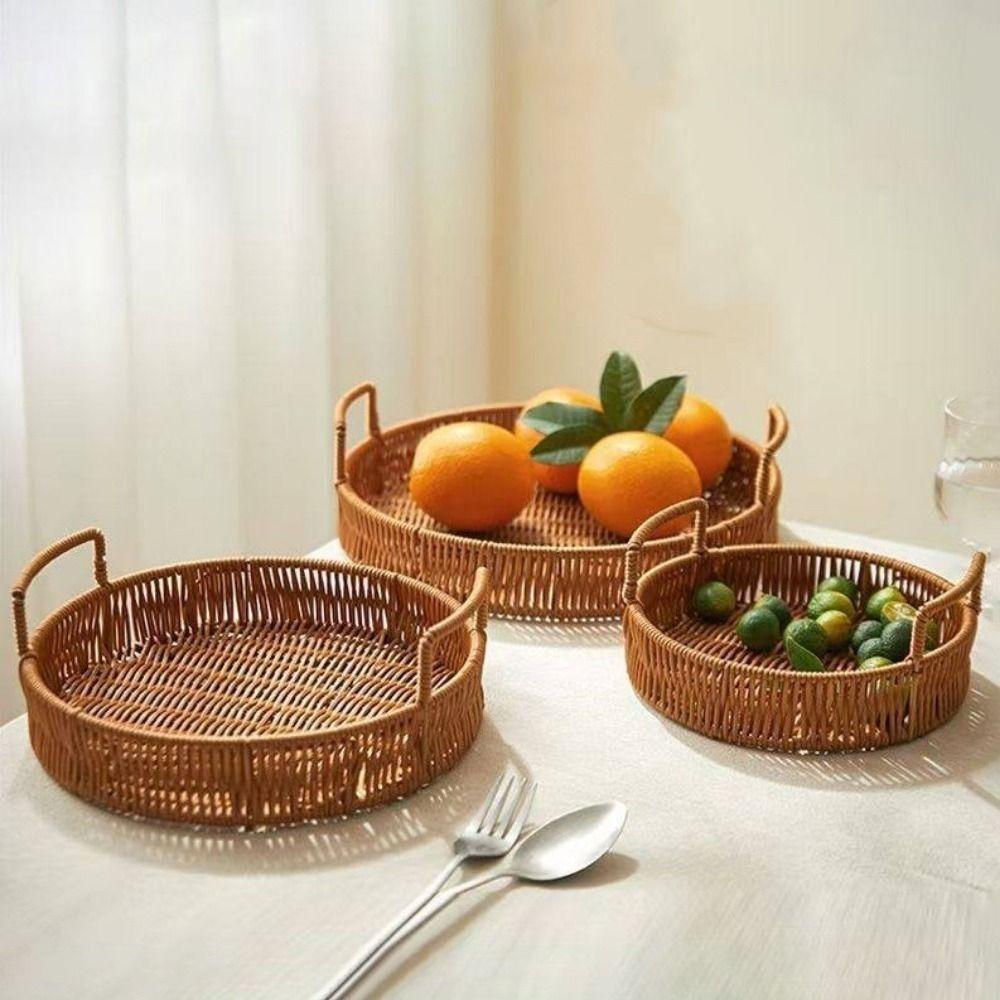 Large Capacity Round Rattan Storage Tray Plastic Handwoven Rattan Storage Tray  Snacks