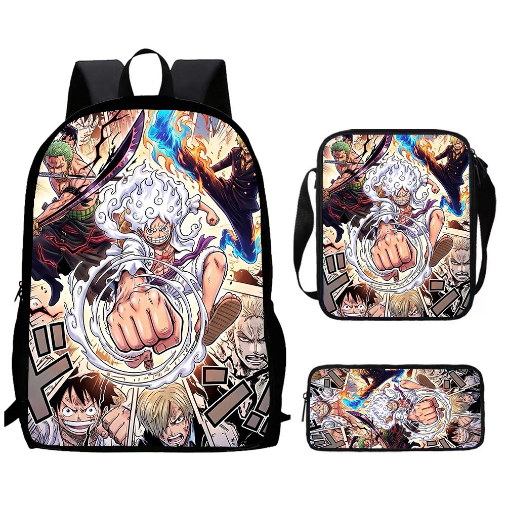 Cartoon One Piece 3pcs Lightweight Durable School Backpack with Crossbody Bag Pencil Case for Boys Girls Age 6-10 Primary School