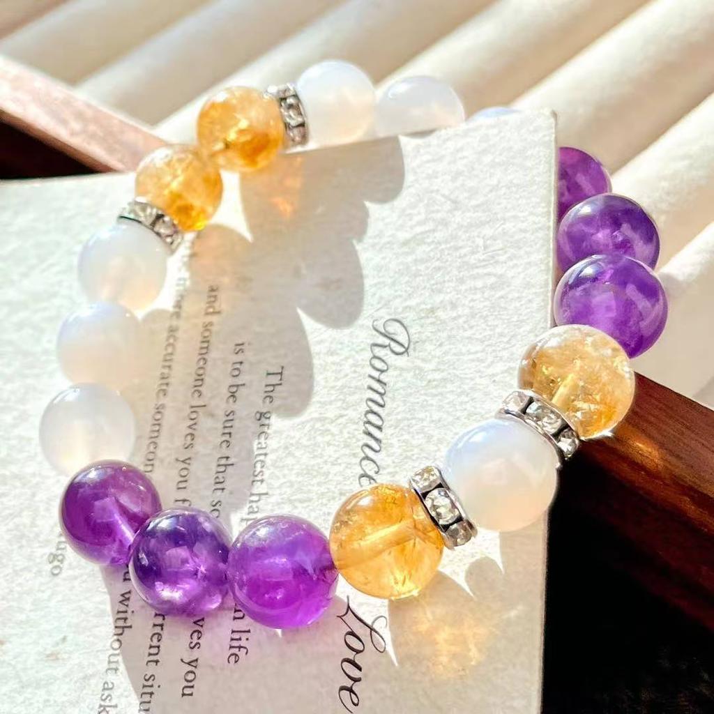 Retro High Quality Natural Large Particle 10Mm Amethyst Citrine Chalcedony White Bracelet Bracelet
