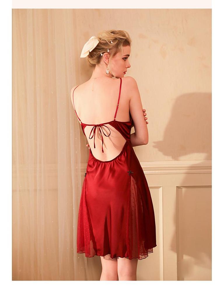 Satin Lace Polka Dot Mesh Nightgown with Chest Pads - Sexy, Skin-Friendly, Multi-Color Camisole Loungewear for Women