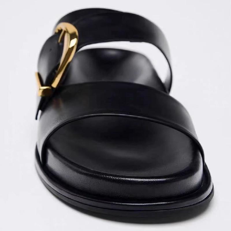 Fashion Black Pu Metal Buckle Brand Flat Sandals Women Fashion Broadband Open Toe Thick Bottom Slippers Comfort Soft Sole Beach Sandals