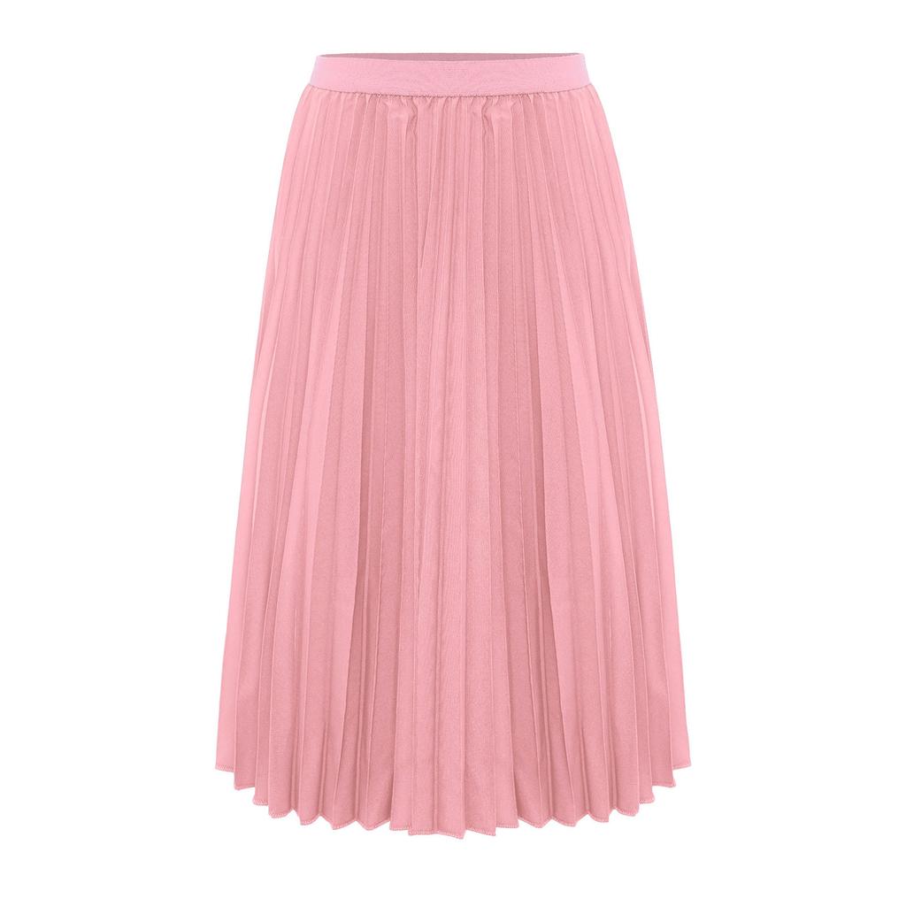 Girls High Waist Elastic Waistband Solid Color Pleated Skirt with Lining Flowy Holiday Birthday Skirt