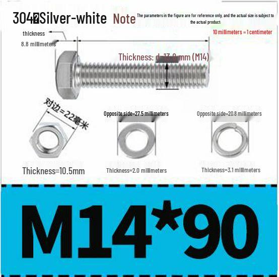 304 Stainless Steel Hex Head Bolt and Nut Set M6-M14, Lengths 8-100mm