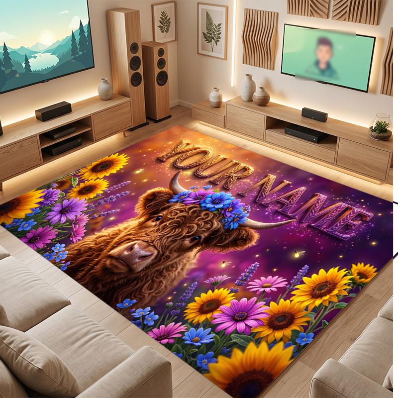 Highland Cow Theme Soft Crystal Velvet Rug Custom Name & Text Print Non Slip Floor Rug for Bedroom Living Room