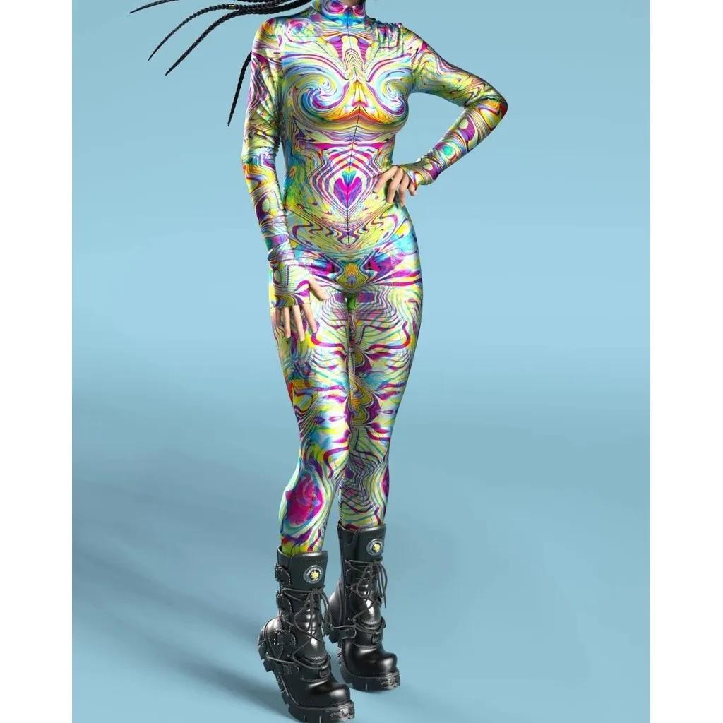3D Digital Printing Stage Performance Costumes Adults Halloween Events Carnival Theme Party Cosplay Outfit Pretend Game Jumpsuit