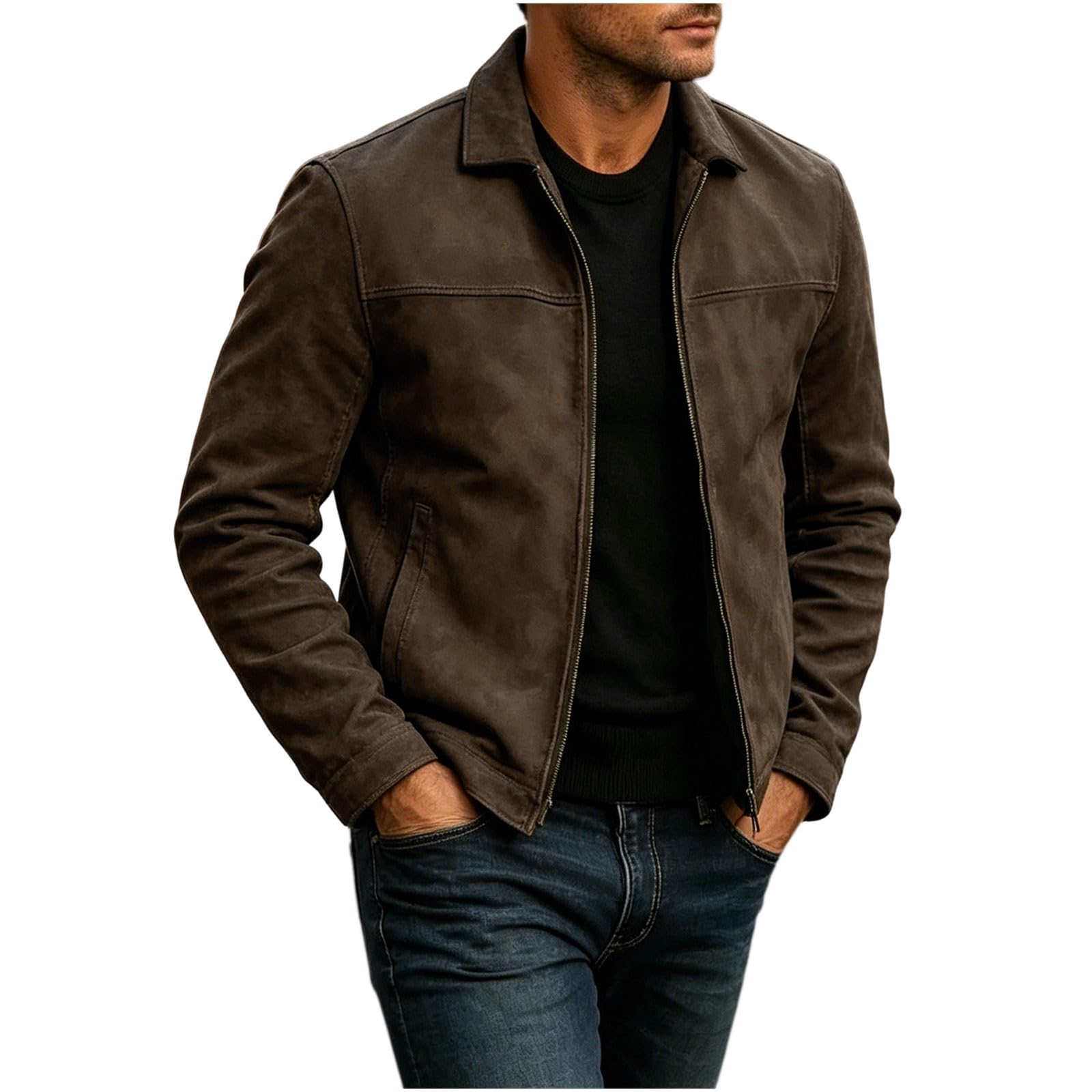 Men`s Color Leather Jacket with Lapel