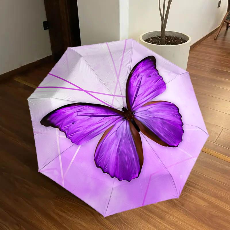 

Purple Butterfly Auto Open Close Umbrella, Portable Tri-Fold Design with 8-Bone Iron Frame, Gift for Fans, Travelers, Daily Use, Perfect Pre