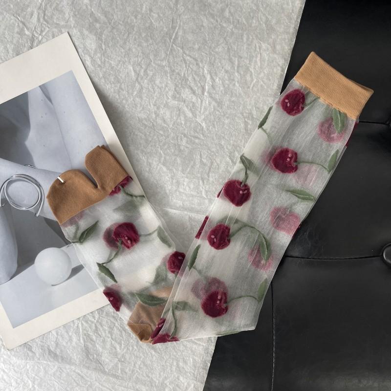 Ultra-Thin Transparent Woman Split Toe Socks Red Cherry Pattern Summer Crystal Silk Hollow Out Sheer Two-Toed Japanese Tabi Sox