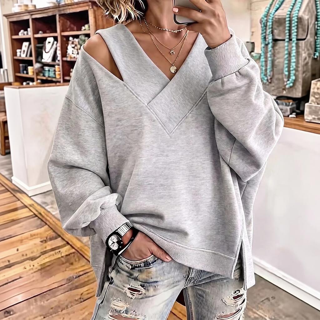 Women's V-Neck Long Sleeve Sweatshirt Color Casual Pullover Top