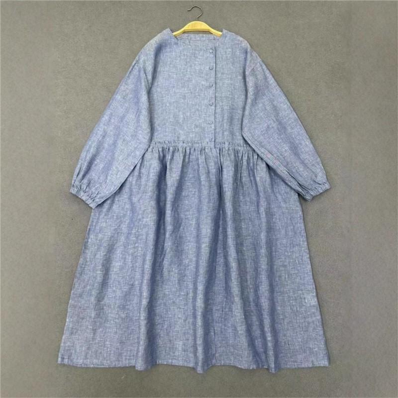 Johnature Spring Autumn Round Neck Ruffled Dress For Women Loose Casual Vintage Dress For Women