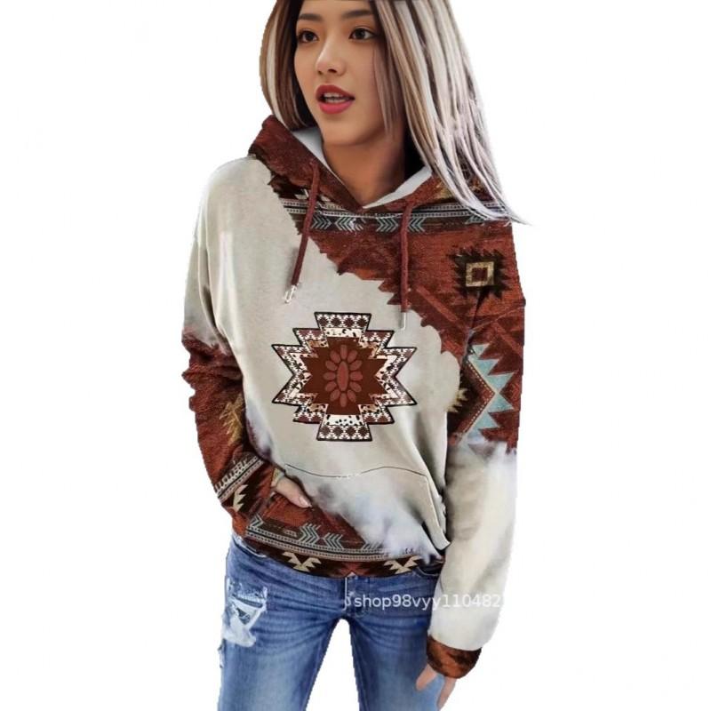 Womens Winter Hooded Sweatshirt Ethnic Print Loose Fit Long Sleeve Pullover Casual Oversized Top