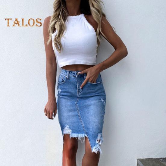 Women Summer Denim Skirt High Waist Button Zipper Fly Mini Skirt Ripped Holes Irregular Hem Hip Wrapped Skirt Streetwear
