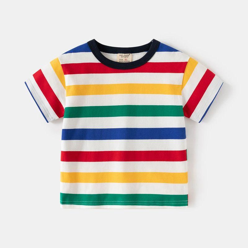 Summer Children s Clothing Boys  Short-Sleeved T-Shirt Kids Rainbow Striped Top Baby Boy Half-Sleeve Clothes Pure Cotton T-Shirt Rainbow Striped Short Sleeves 90