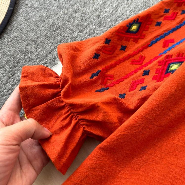 Summer Vintage Women Blouse Embroidered Puff Sleeve Color Block Ethnic Style Camisa Feminina Casual Tops