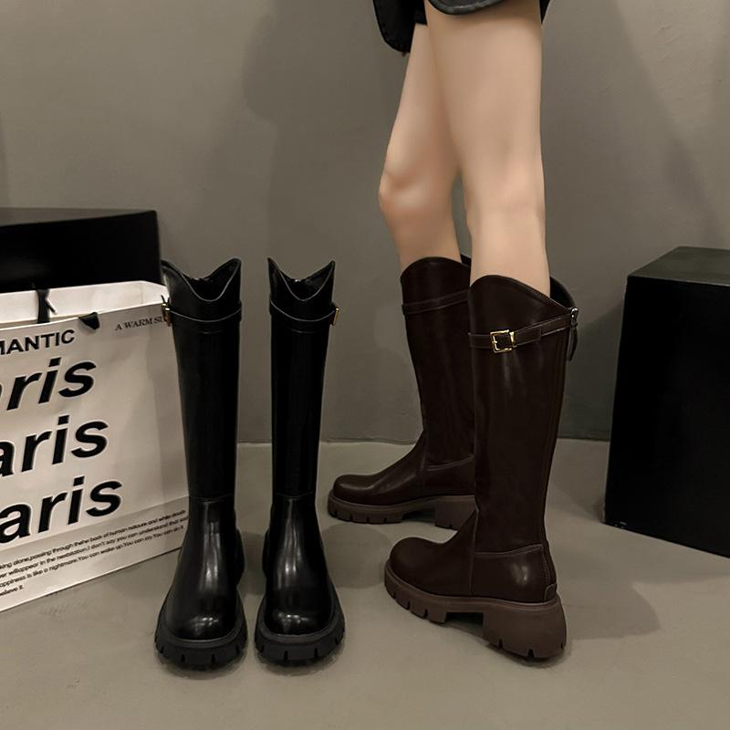 Thick-soled real soft leather boots 2025 autumn and winter new heightened elastic knight boots tall versatile boots