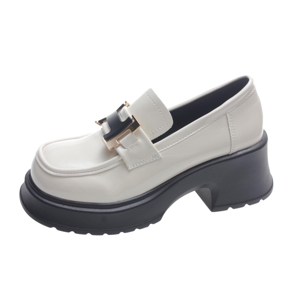 High-heeled single shoes for women, new British style small leather shoes, metal buckle thick heels for women in spring and autumn