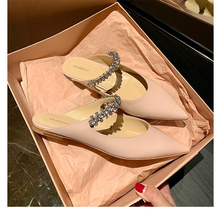 Grape Mother Same Mary Jane Single Shoes Women's Flat Summer Bag Head Pointed Rhinestone Rear Empty Cool Slippers