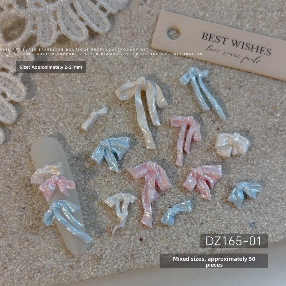 DIY Bowknot Nail Decorations Pearlescent Satin Polka Dots Long Ribbon Bow Nail Rhinestone Mixed Designs Diamond Nail Charms