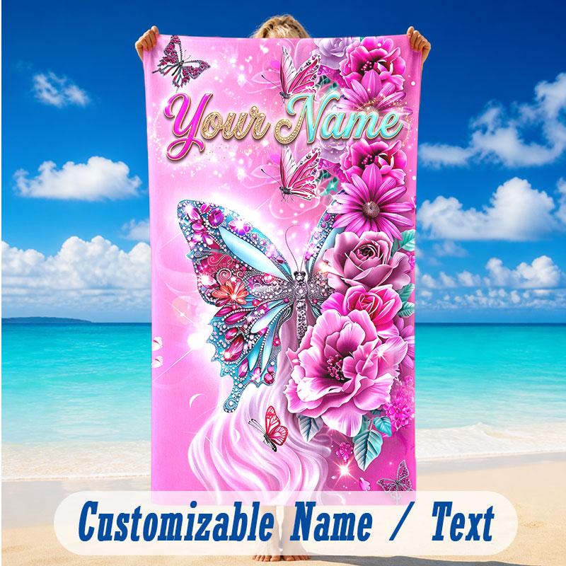 Butterfly Theme Beach Towel Personalized Custom Name & Text Soft Quick Dry Beach Towel for Swimming Travel