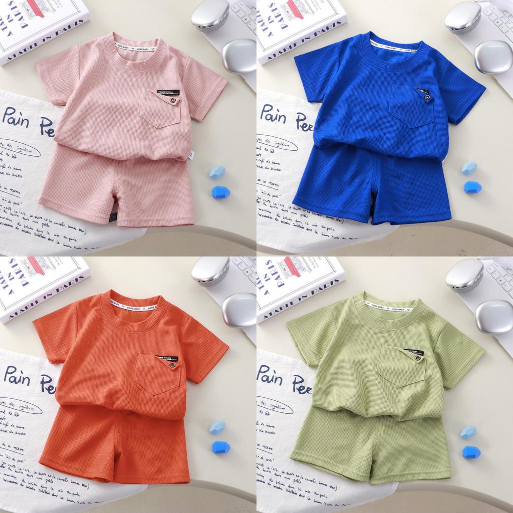 Kids Summer Waffle Short Sleeve Set With Soft Polyester For Toddler Active Play