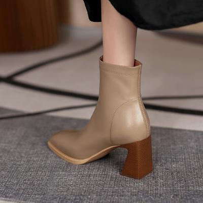 Botas curtas de salto grosso retrô femininas, botas de solteiro, zíper lateral, salto alto, botas nuas, botas Martin