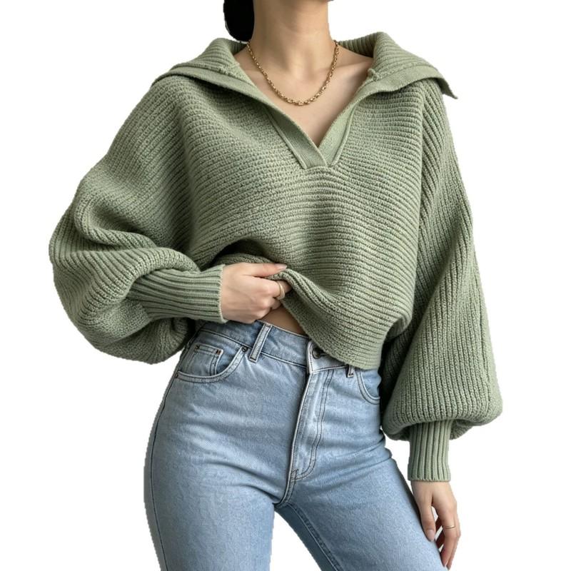 2026 Fall Winter Womens Knit Pullover Sweater Turn-Down Collar Casual Top