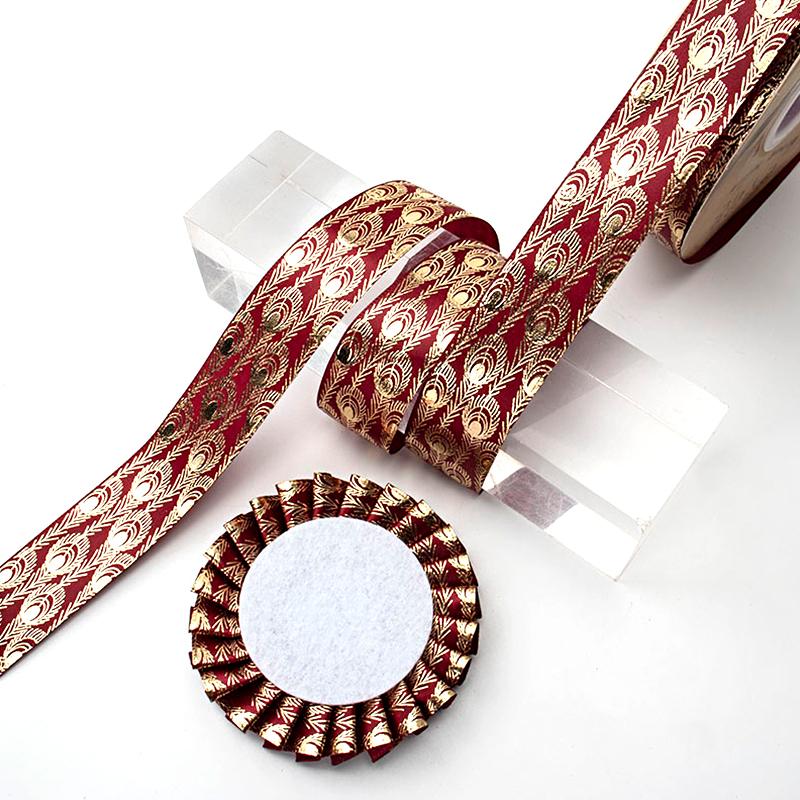 10 meter/rull påfuglfjærtrykt bånd Webbing silkebånd fjær gullbelagt bånd laserbånd 2,5x914cm