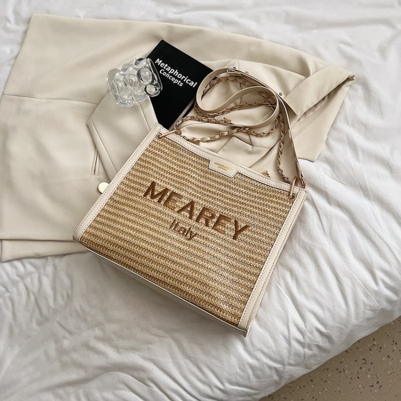 Beige straw woven brown leather leather chain tote big bag белый