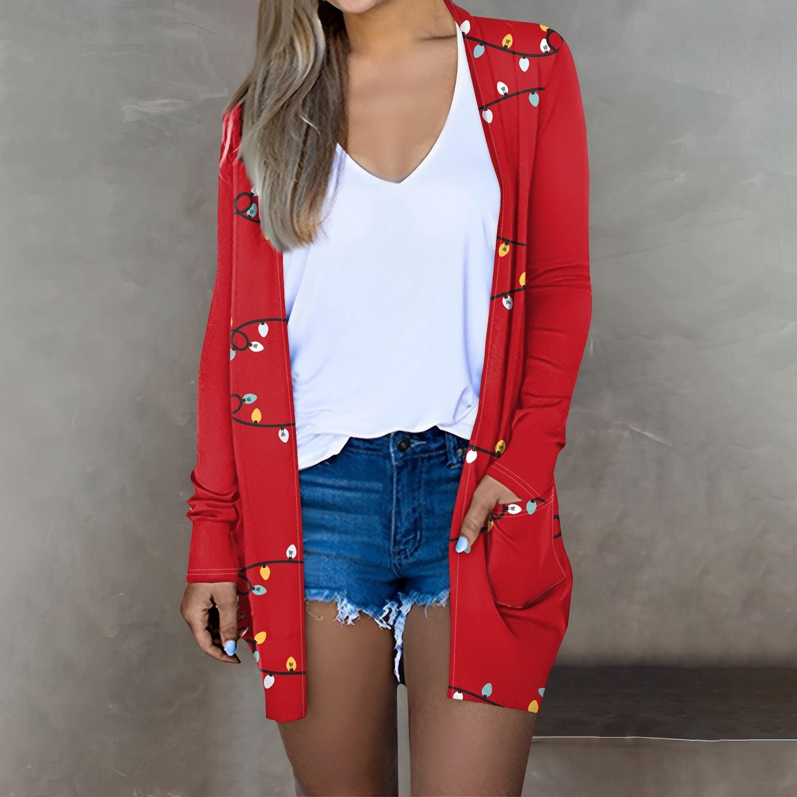 

Женская мода, повседневный рождественский принт, кардиган средней длины, куртка, пальто XXXL красный