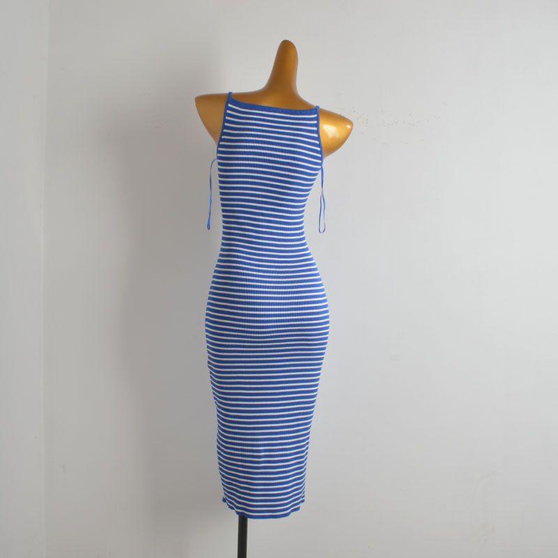 Western Style Gyaru Contrast Color Striped Knitted Suspender Skirt Women Clothes Summer New Waist Hugging Slimming Sheath Dress