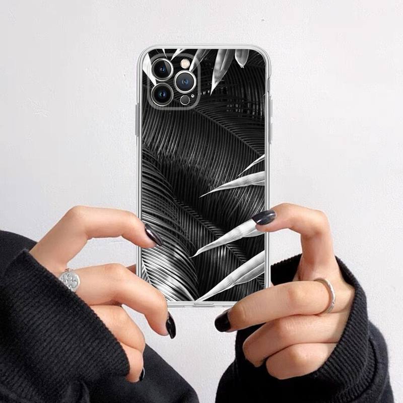 Black white palm leaves palm trees Phone Case For iPhone 14 13 12 11 Pro Max XS X XR SE 2020 6 7 8 Plus Mini Transparent Shell