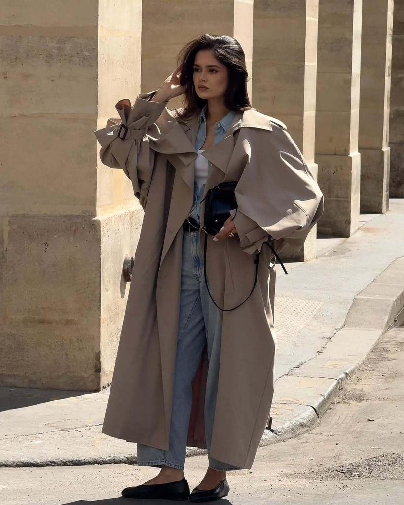2025 British Style Women's Extra Long Khaki Belted Cape Trench Coat
