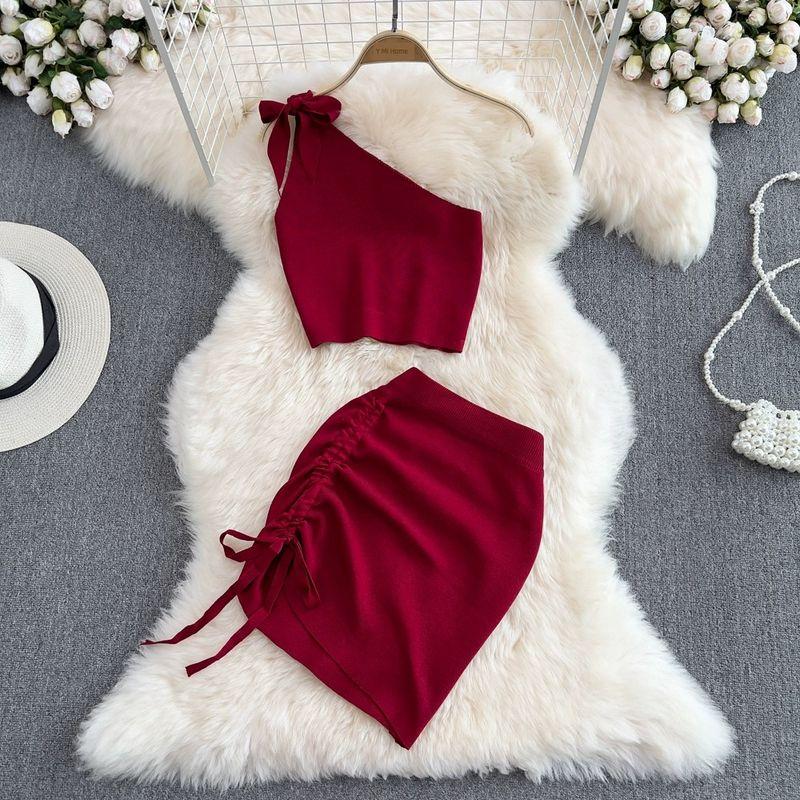 

Off-the-Shoulder Diagonal Collar Single Side High Waist Hip Fashion Suit Burgundy All yards