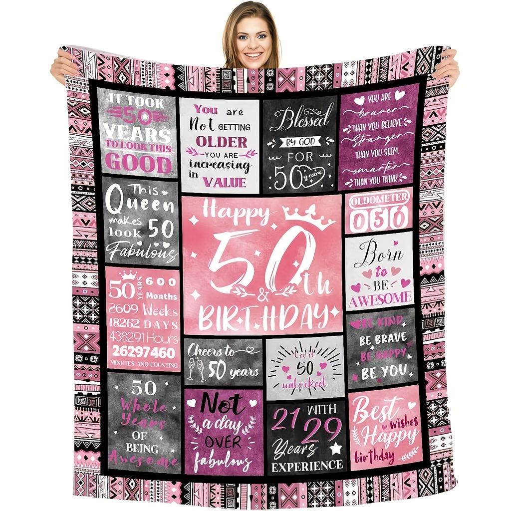 1pc 50Th Birthday Gift Blanket Women'S Gift Unique Blanket for Mom Wife Sister Friends 50Th Birthday Creative Flannel Throw Blanket