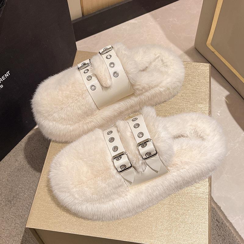 Niche design bag head fluffy slippers for women's autumn and winter wear 2025 new home furnishing piled thick-soled cotton slippers for women