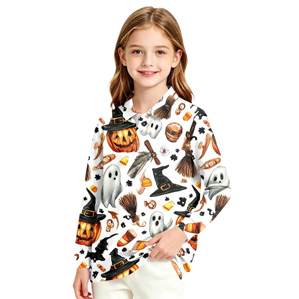 Girls' Long Sleeve Halloween Print School Uniform Blouse for Casual and Formal Wear