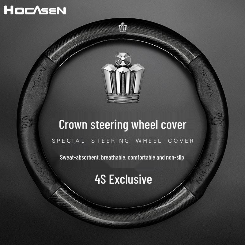 Compatible Genuine Leather Steering Wheel Cover for Crown Models (12th-14th Gen, 2005-2021) - Carbon Fiber Design
