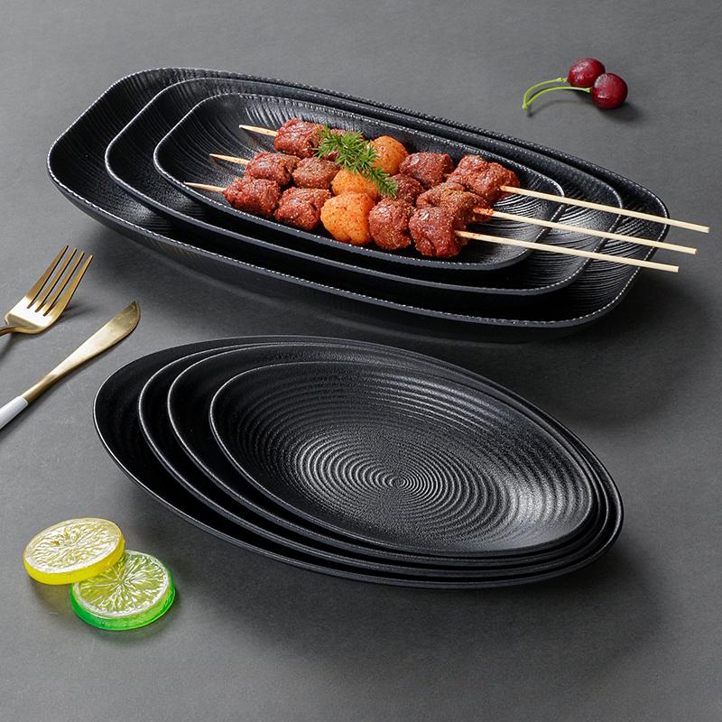 1PC Black Melamine Plate Canteen Thickened Plastic Cutlery Dinner Plates Non-breakable Barbecue Sushi Plate Kitchen Accessories