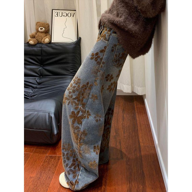 Jeans Larghi Jacquard Retro Americano da Donna, Stagione Primaverile, Design Taglie Forti, Vita Alta, Vestibilità Larga, Snellente, Pantaloni Curvi