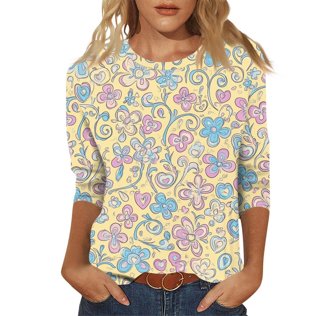 Modisches und lässiges Pullover-Oberteil mit sieben Viertelärmeln und Blumendruck für Damen