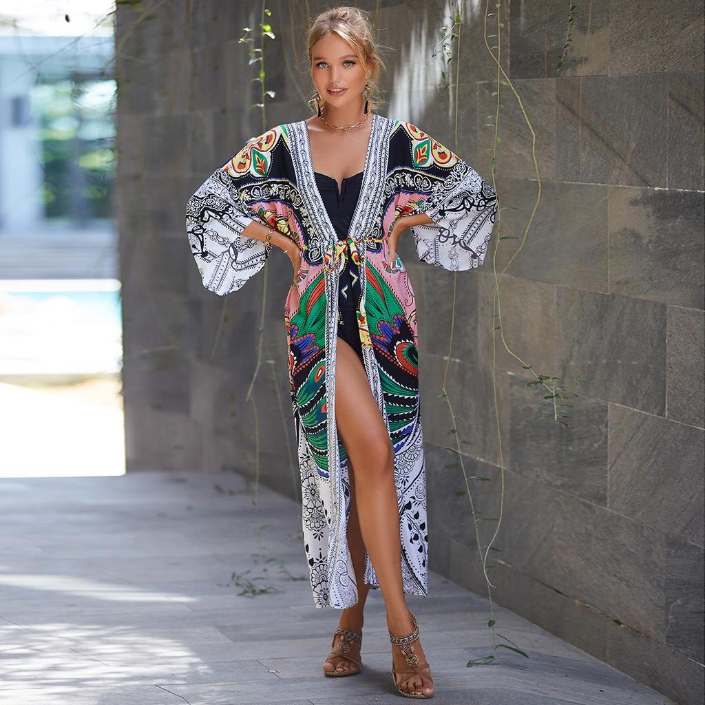 2023 European & American Rayon Waist Tie Beach Cover-up Sun Protection Cardigan for Women - Swimsuit and Bikini Outerwear