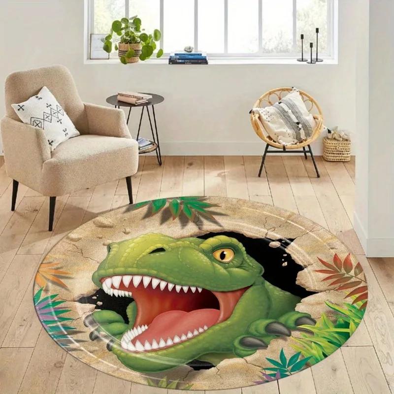Cartoon Dinosaur Round Area Rug–Soft Washable Floor Mat for Kids' Room or Living Room – Non-Slip Play Area Carpet, Nursery Decor