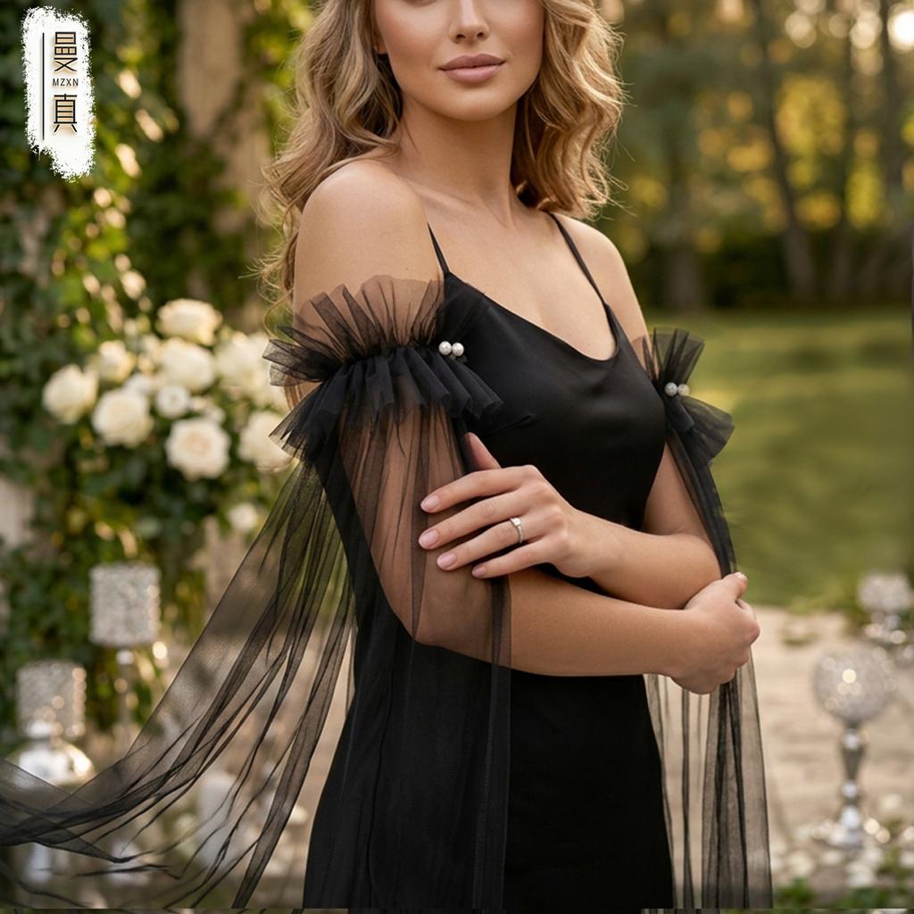 Detachable Off Shoulder Ruffle Tulle Long Train Arm Sleeves Maxi Floating Sheer Bridal Cuffs For Strapless Mermaid Wedding Gown Photoshoot