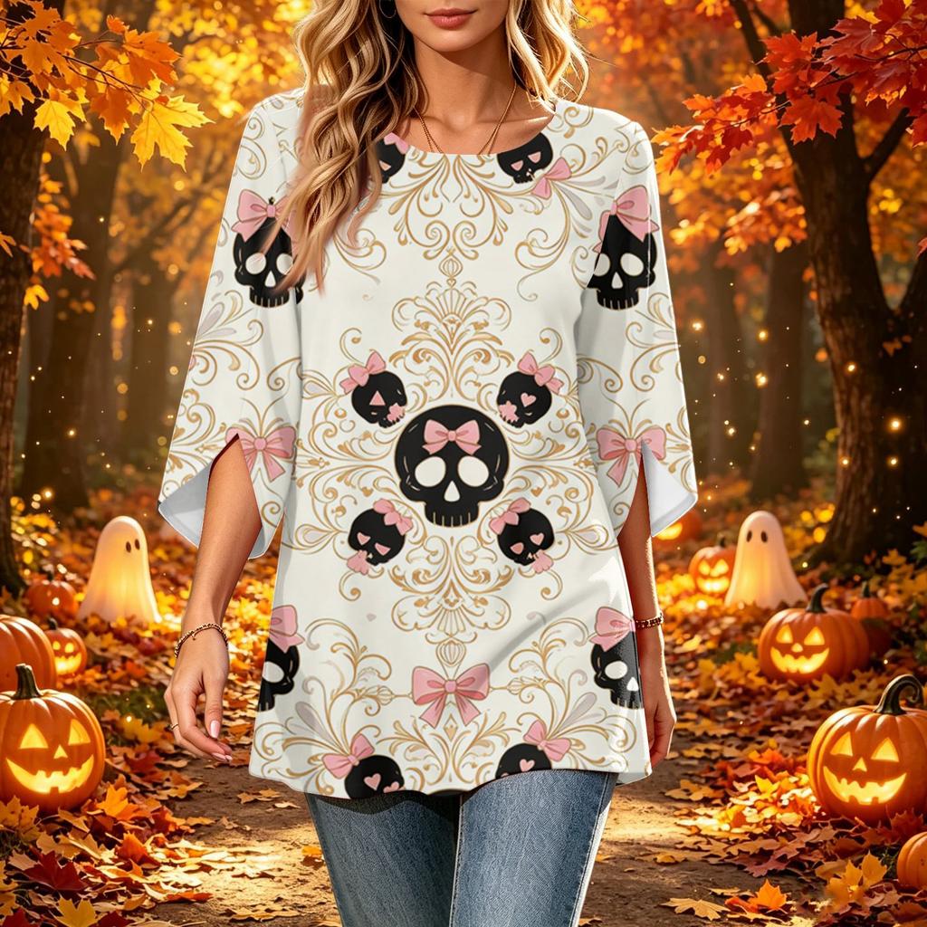 Women's Halloween Printed Casual Loose Fit Round Neck Three-Quarter Sleeve Top